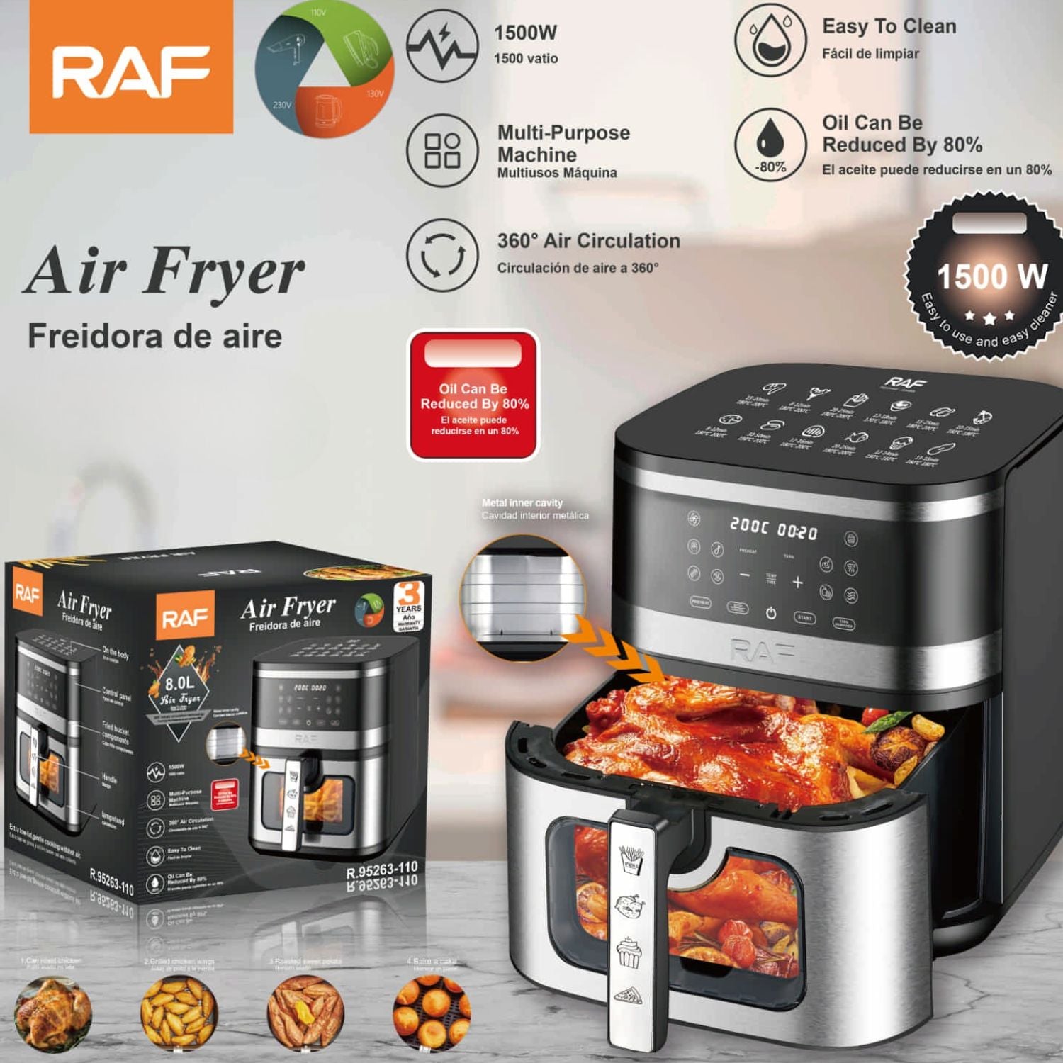 Freidora de Aire 8L 1500W 110V con Pantalla Digital Canasta Antiadherente 360° Interior Metálico. Air Frier