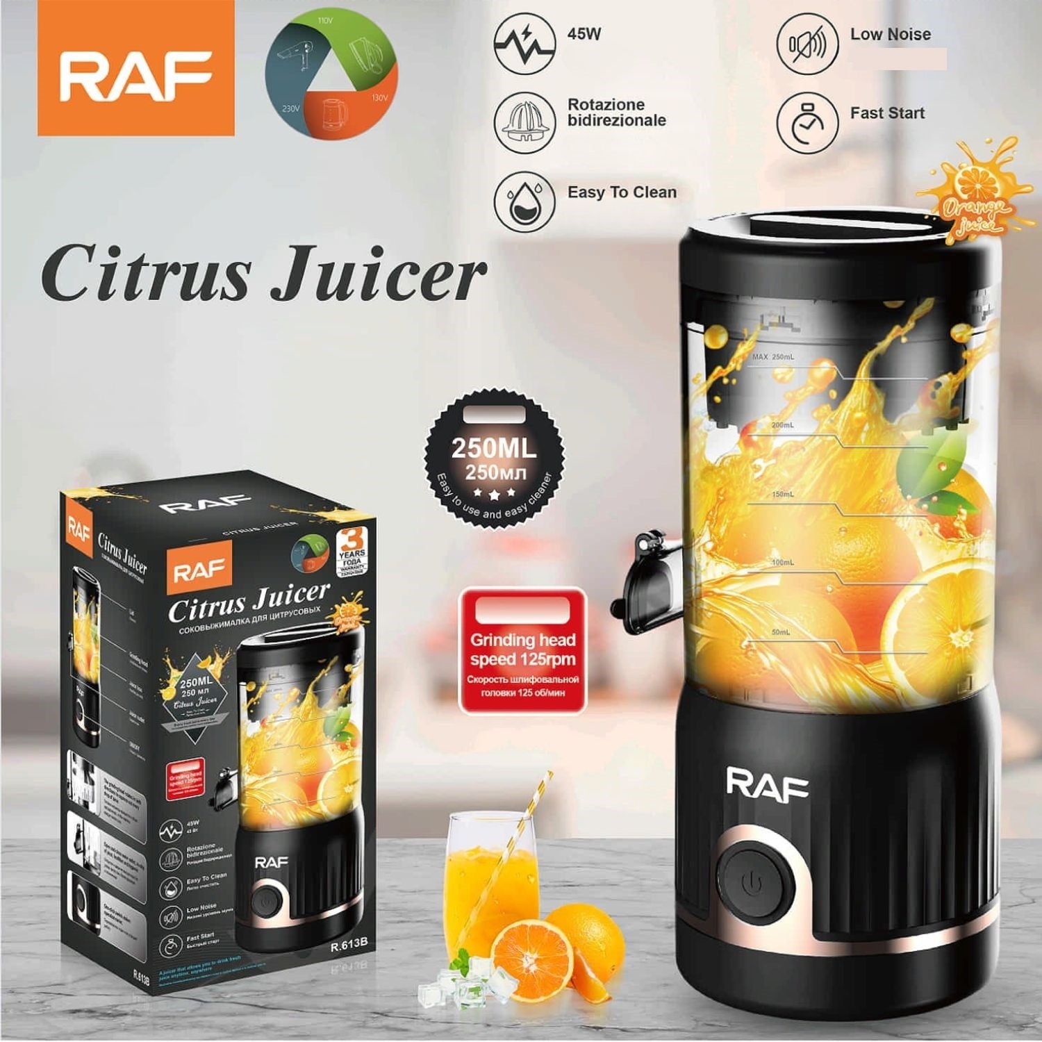 Exprimidor Cítrico 45W 110V/60 Hz 250ml con rotación bidireccional y velocidad 125rpm. Exprimidor Portátil.
