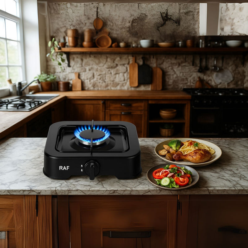 Estufa de Gas  1 quemador Negra.  Bajo Consumo. Control Perilla. Encendido Eléctrico. Cocina Portátil.