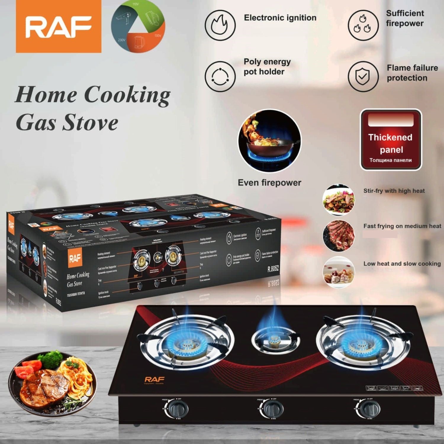 Estufa de Gas 3 Quemadores con Encendido Electrónico y Panel Reforzado. Estufa de mesa a gas