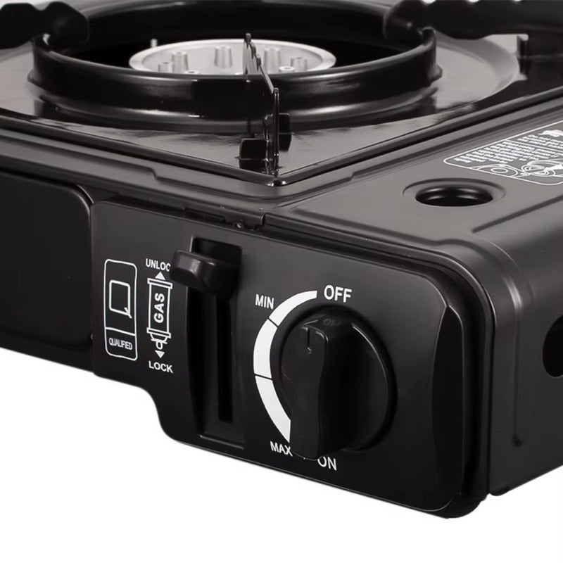 Estufa de Gas 1 quemador Negra con 3.0Kw de Potencia con maletín y paraviento. Control perilla.  Cocina Portátil.