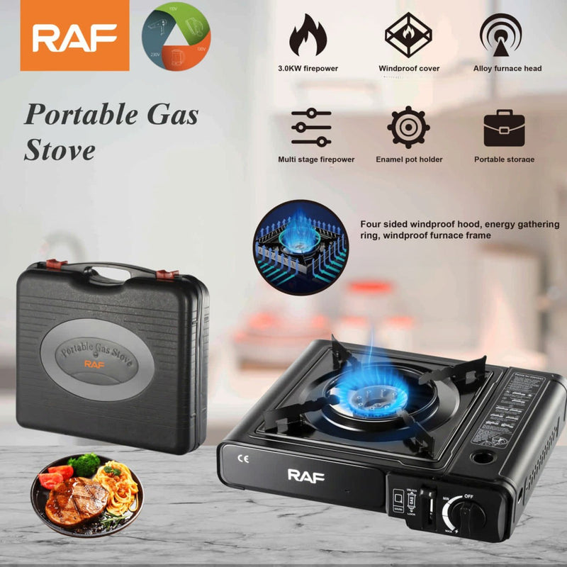 Estufa de Gas 1 quemador Negra con 3.0Kw de Potencia con maletín y paraviento. Control perilla.  Cocina Portátil.
