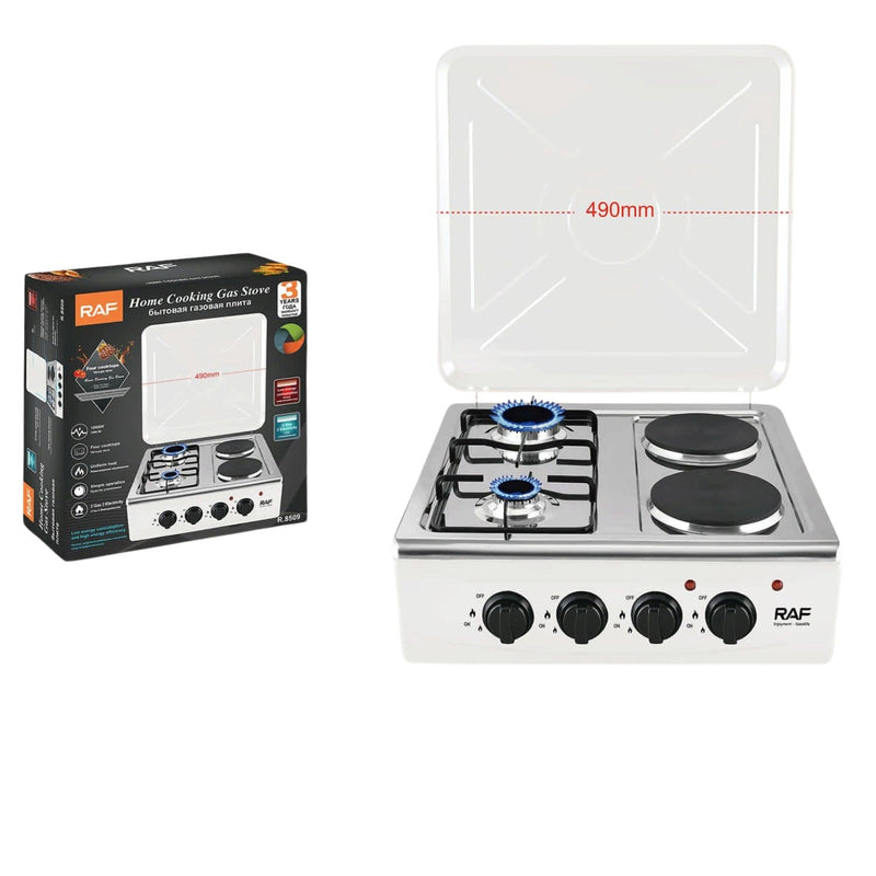 Estufa Combinada de 4 Quemadores 1000W (2 Gas y 2 Eléctricos) con Tapa y Control Perilla.  Cocina Portátil.