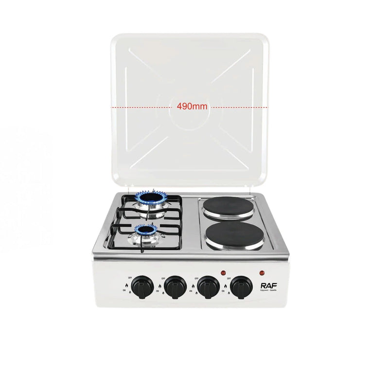 Estufa Combinada de 4 Quemadores 1000W (2 Gas y 2 Eléctricos) con Tapa y Control Perilla.  Cocina Portátil.