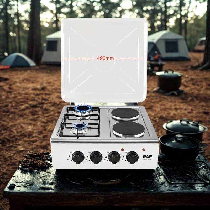 Estufa Combinada de 4 Quemadores 1000W (2 Gas y 2 Eléctricos) con Tapa y Control Perilla.  Cocina Portátil.