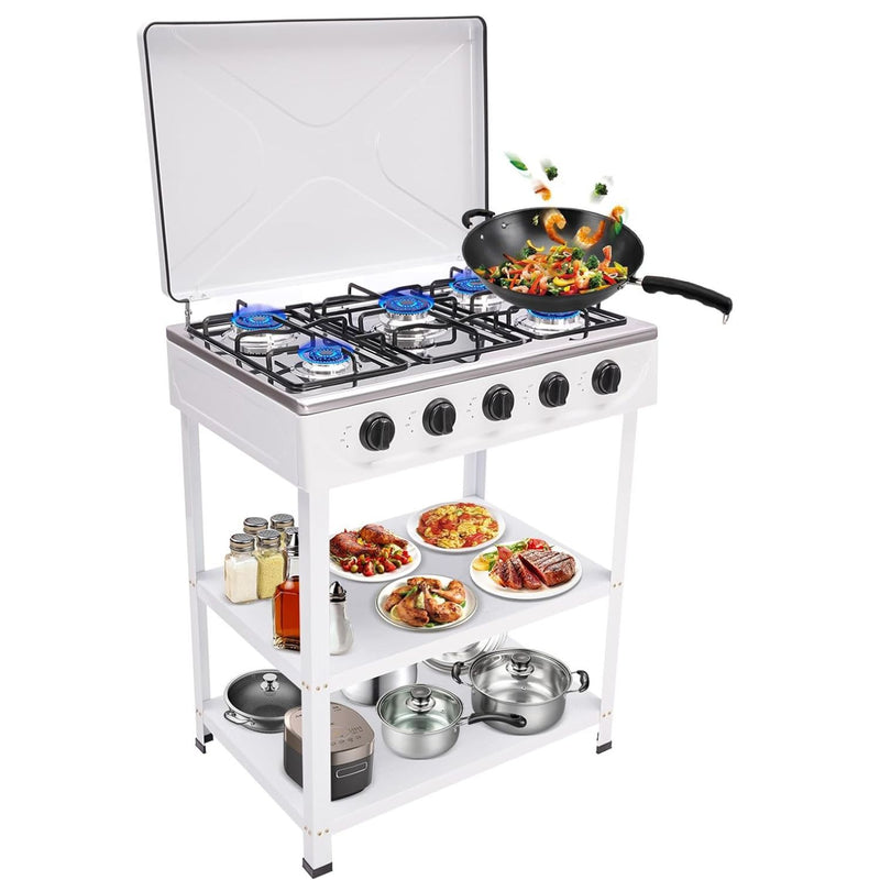 Estufa de Gas Portátil de 5 Quemadores para Cocina y Camping con control de Perilla. Cocina a Gas con Repisas.