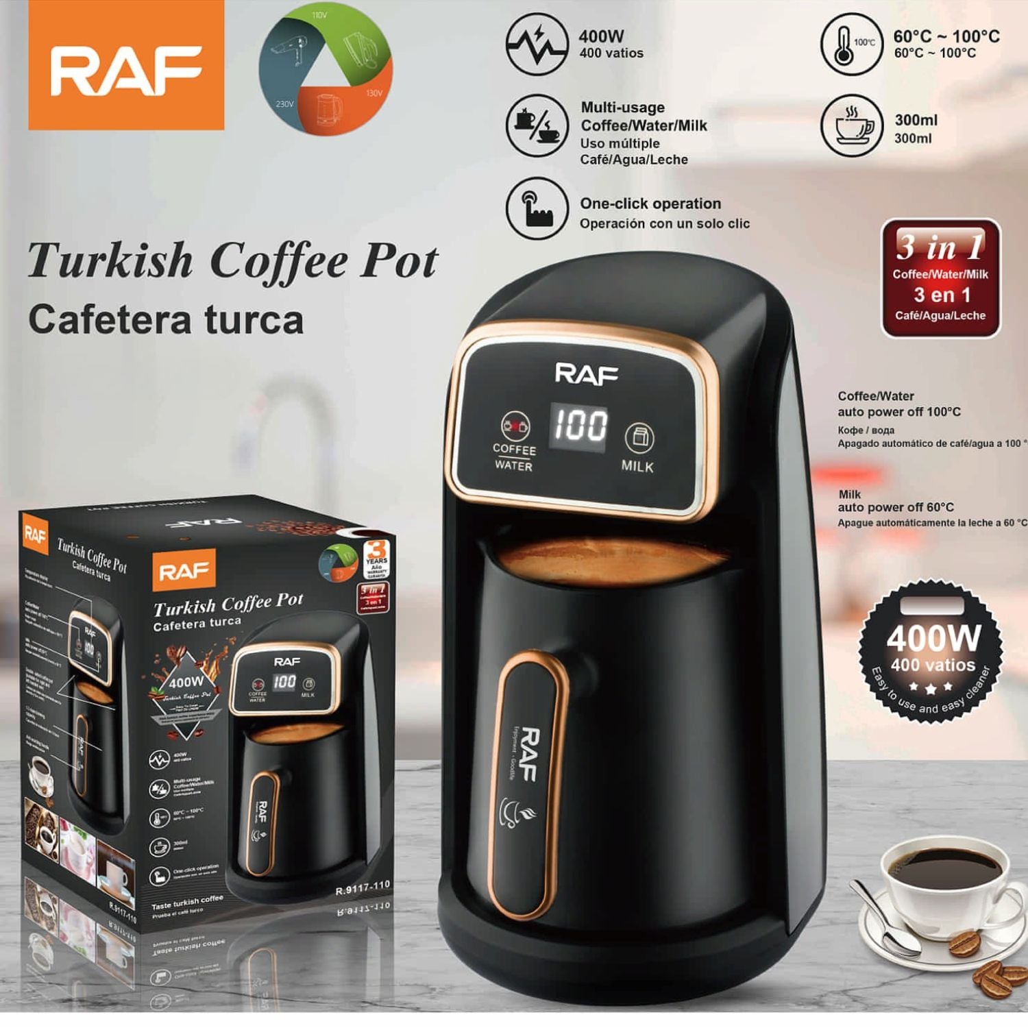 Cafetera Eléctrica Multiusos 400W 300ml  3 en 1 para café, agua y leche Apagado automático. Cafetera Turca