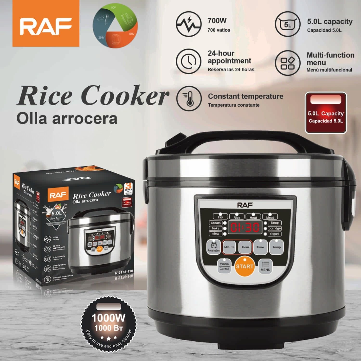 Olla Arrocera 5L 700W 100V 60Hz Multifuncional Temperatura constante. Reserva las 24 horas. Rice Cooker