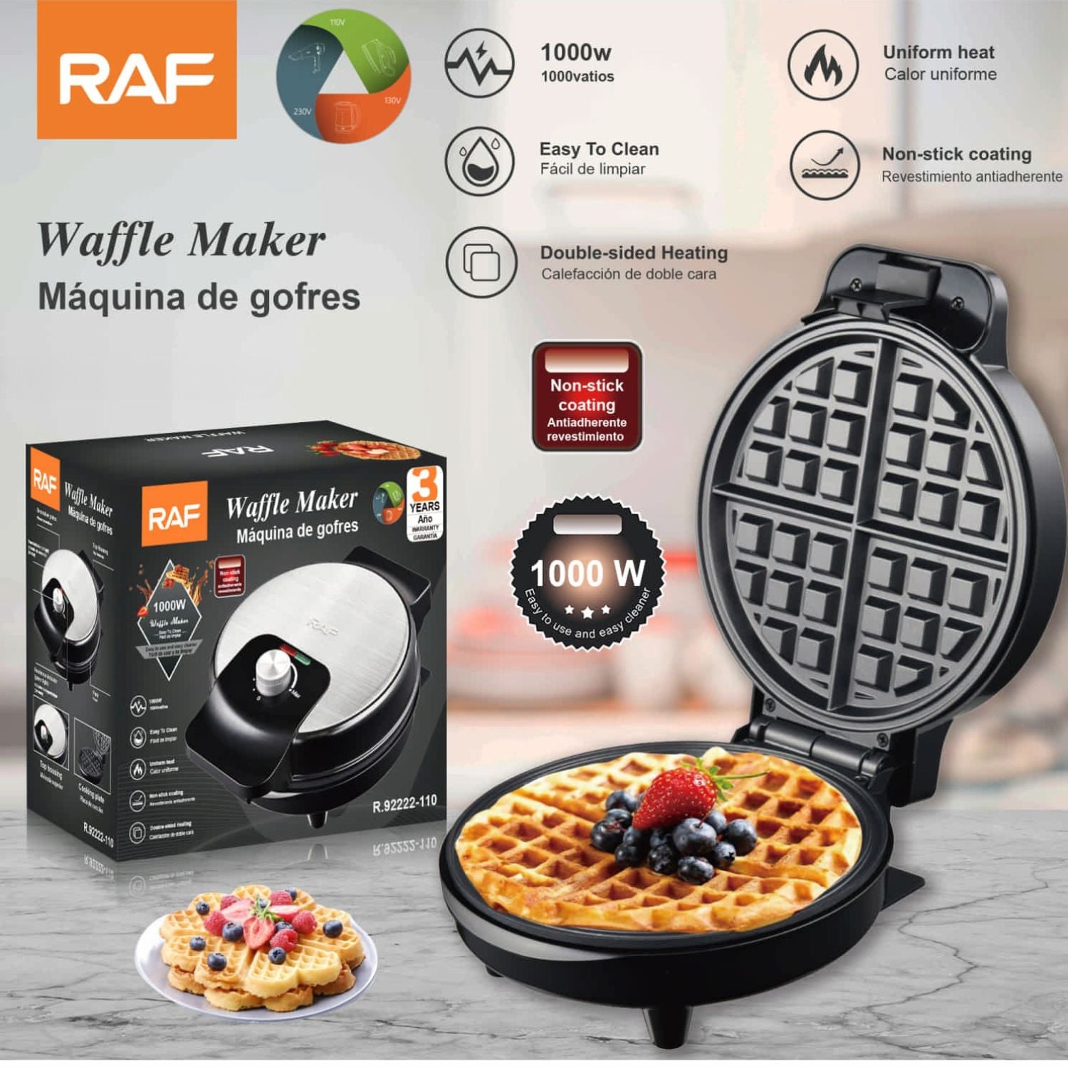 Waflera Eléctrica 1000W con Cocción Doble y Placas Antiadherentes 110V /60hz. Plancha para Waffles