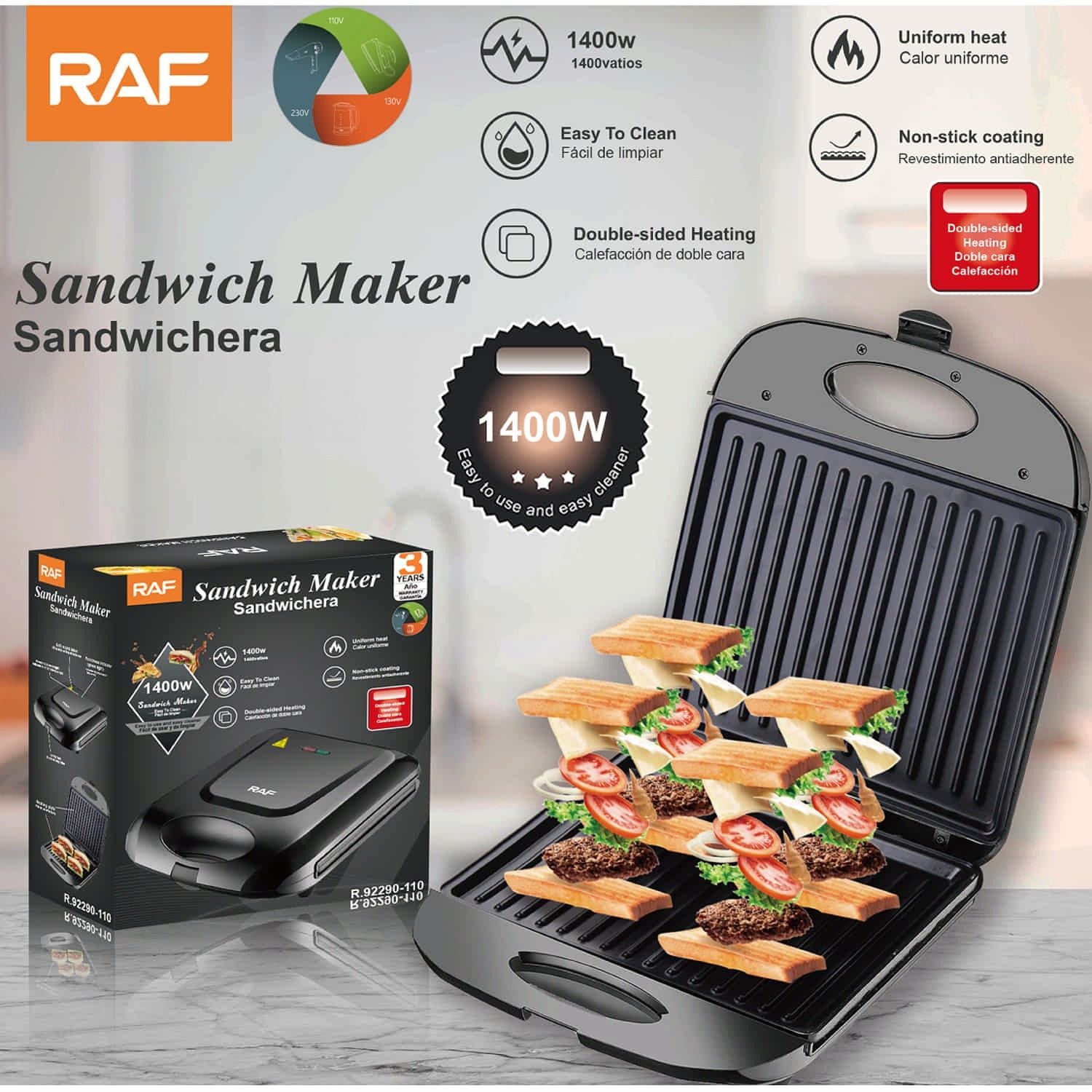 Sandwichera Eléctrica 1400W Antiadherente con Calor Doble y Limpieza Fácil 110V /60hz. Plancha para Emparedados.