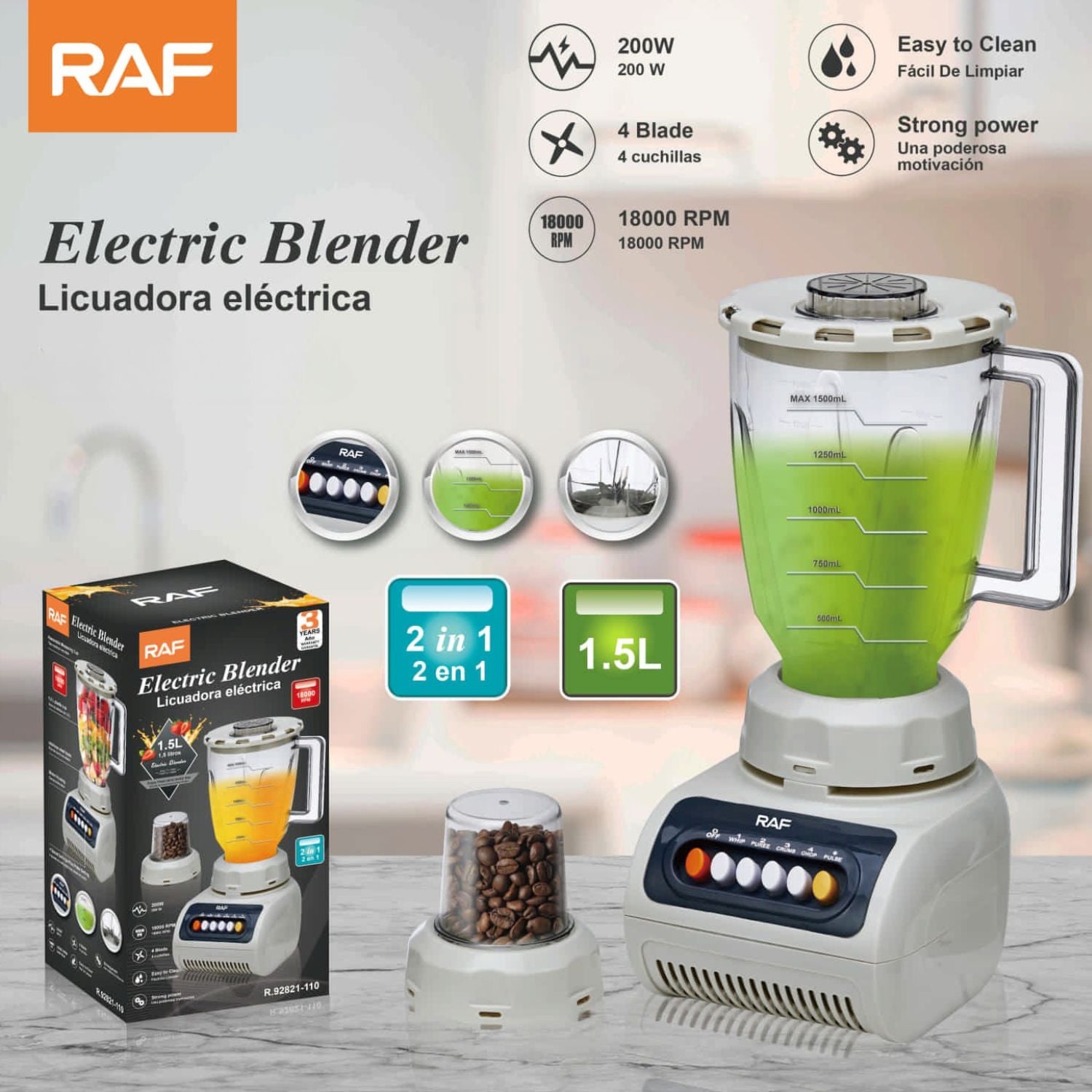Licuadora 200W 110V/60Hz  1.5L con Molino 2 en 1  4 Cuchillas y 5 Velocidades. Fácil de Limpiar. Blender