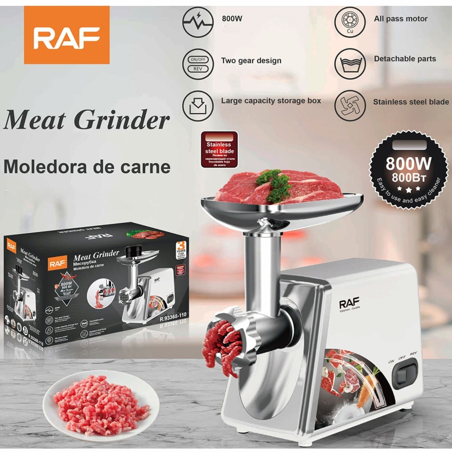 Moledora de Carne 800W  110V/60Hz.con Accesorios para Embutidos y Kebbe. Picadora de Carne