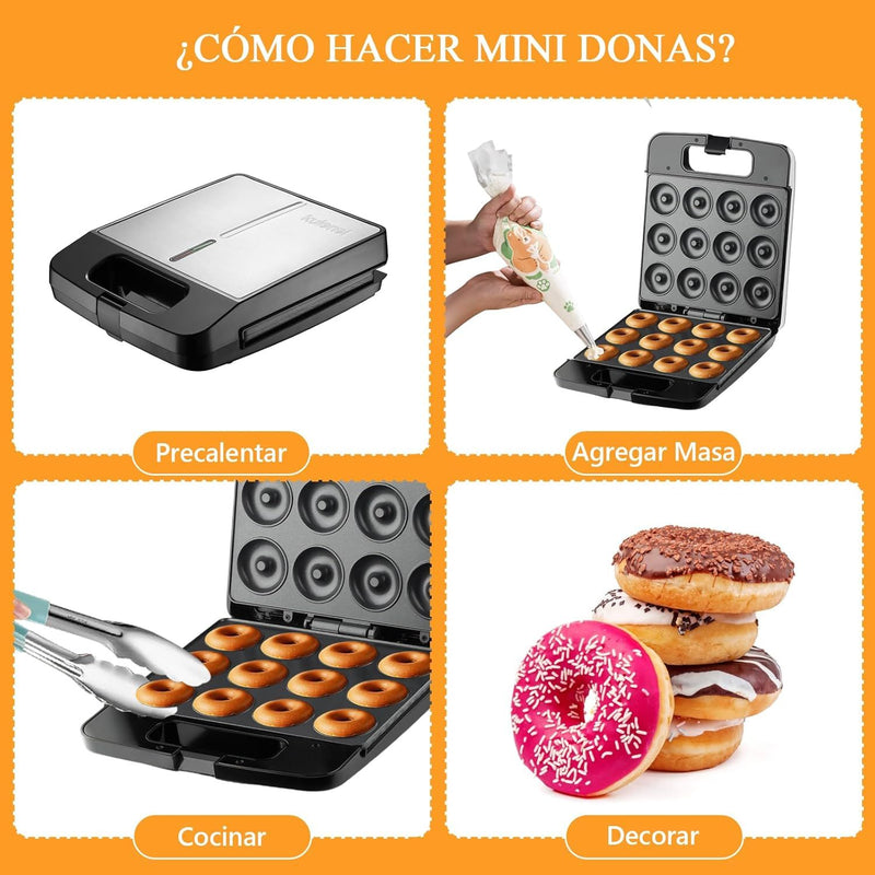 Máquina para Mini Donas 1400W con Revestimiento Antiadherente y Doble Cocción 110V /60hz. Donut Maker