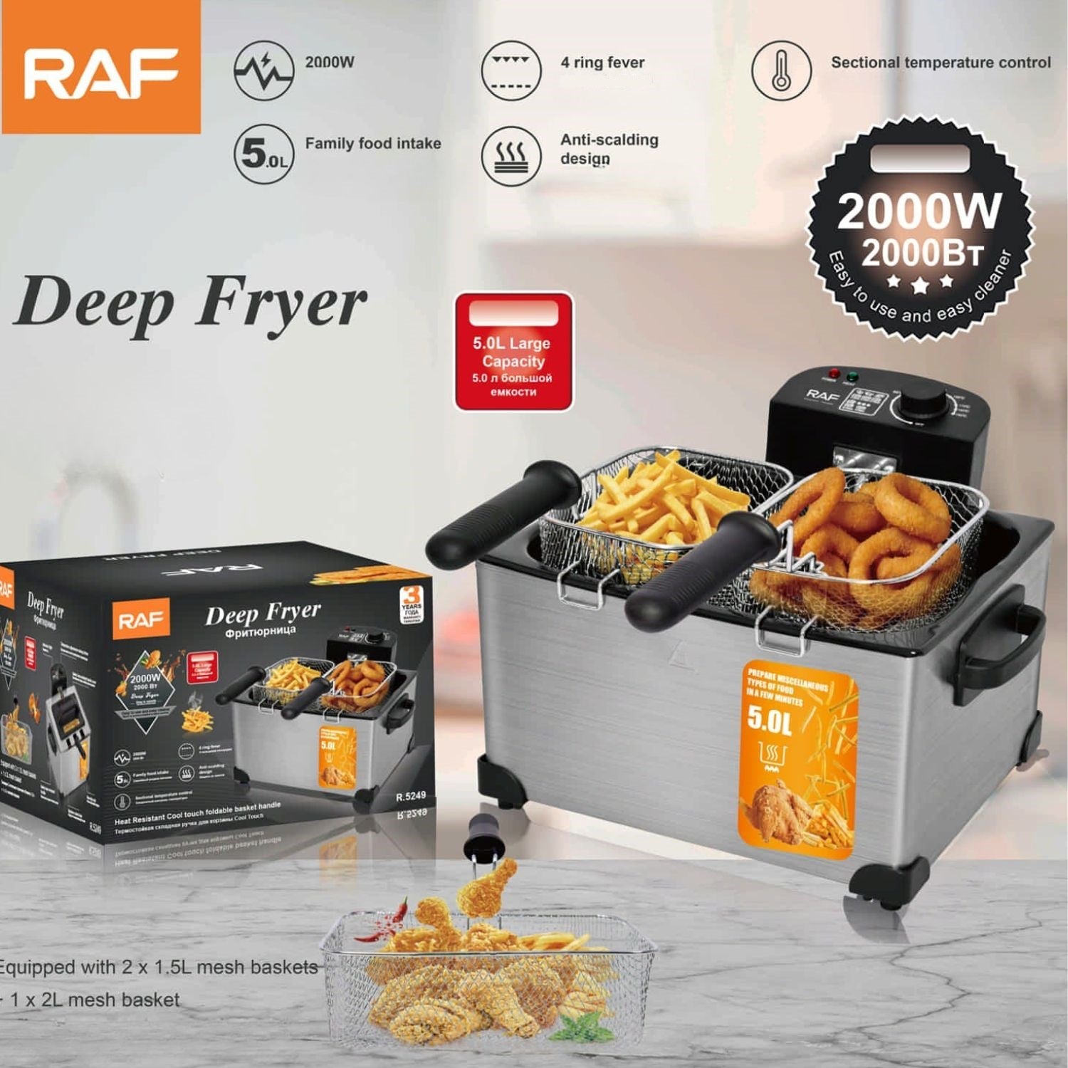 Freidora de Aceite 5L 2000W con doble canasta acero inoxidable con control de temperatura. Freidora de Aceite.