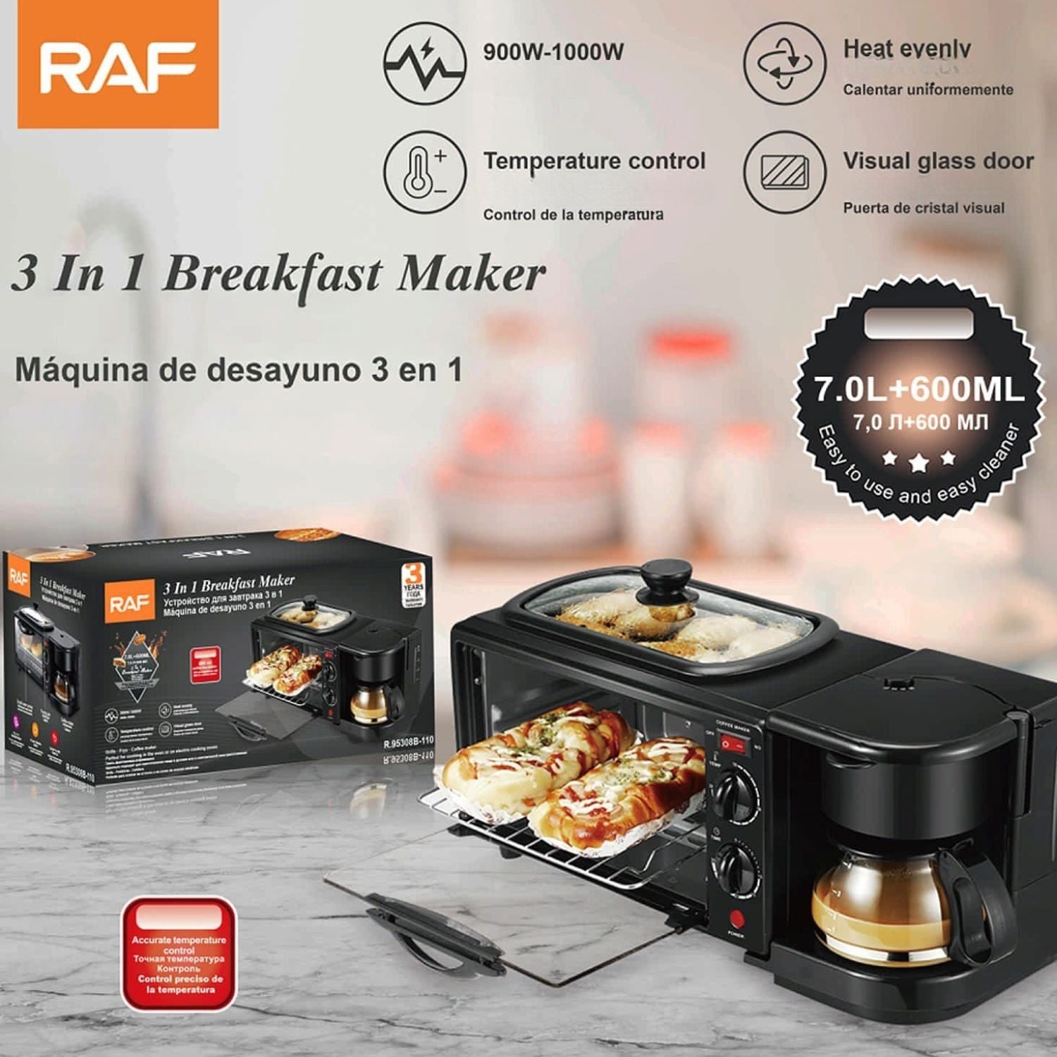 Estación de Desayuno 3 en 1 con Cafetera 600ml, Horno 7L y Plancha  1000W 110V con Control de Temperatura