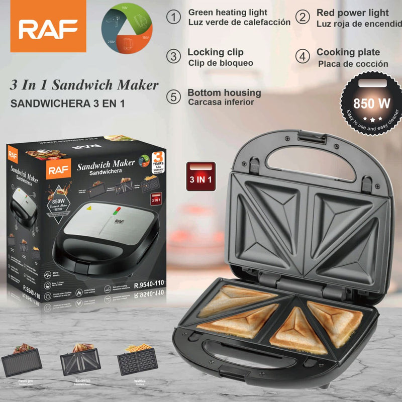 Sandwichera 3 en 1 850W con Placas Intercambiables para Sandwich Waffles y Grill