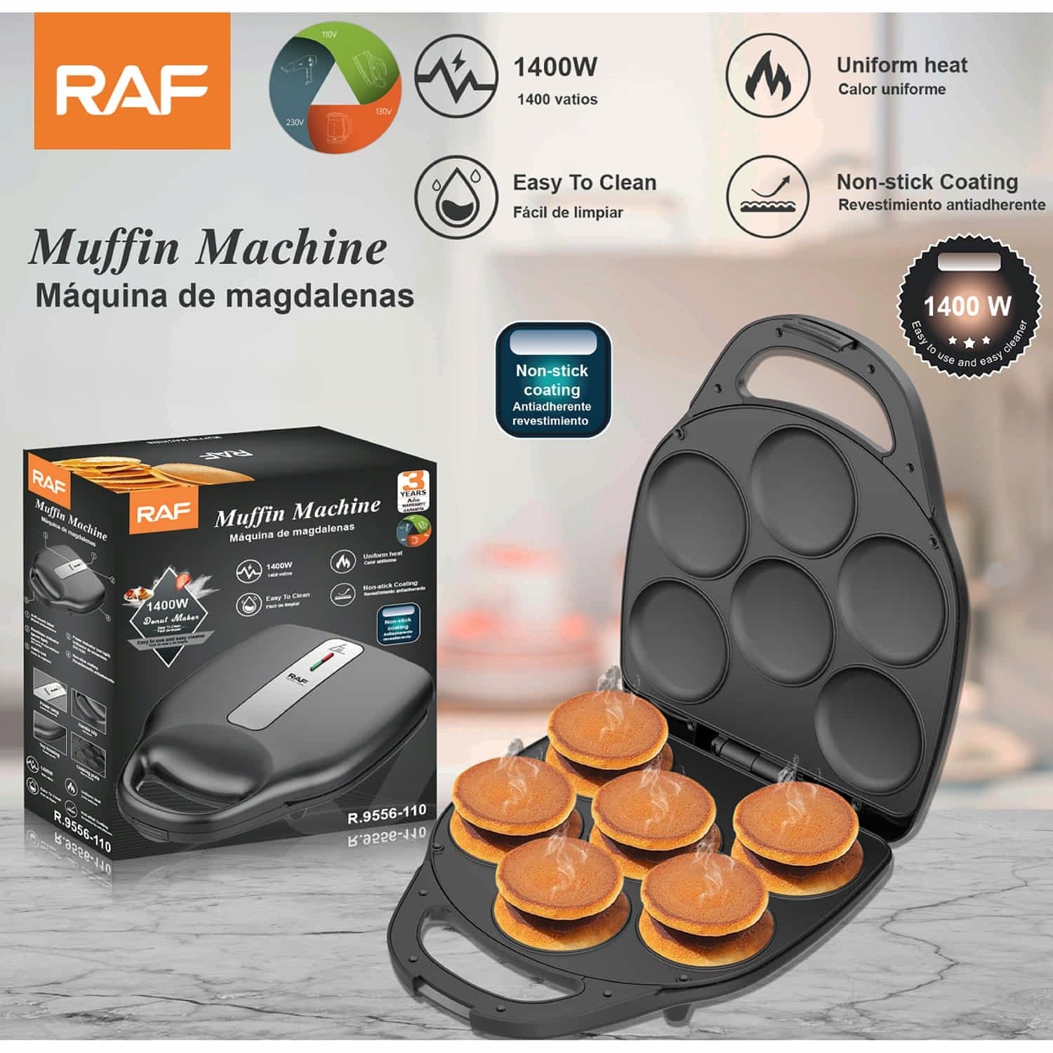 Máquina para Muffins, Arepitas y Magdalenas 1400W Antiadherente Cocción Uniforme 110V 60Hz Tosty Arepa