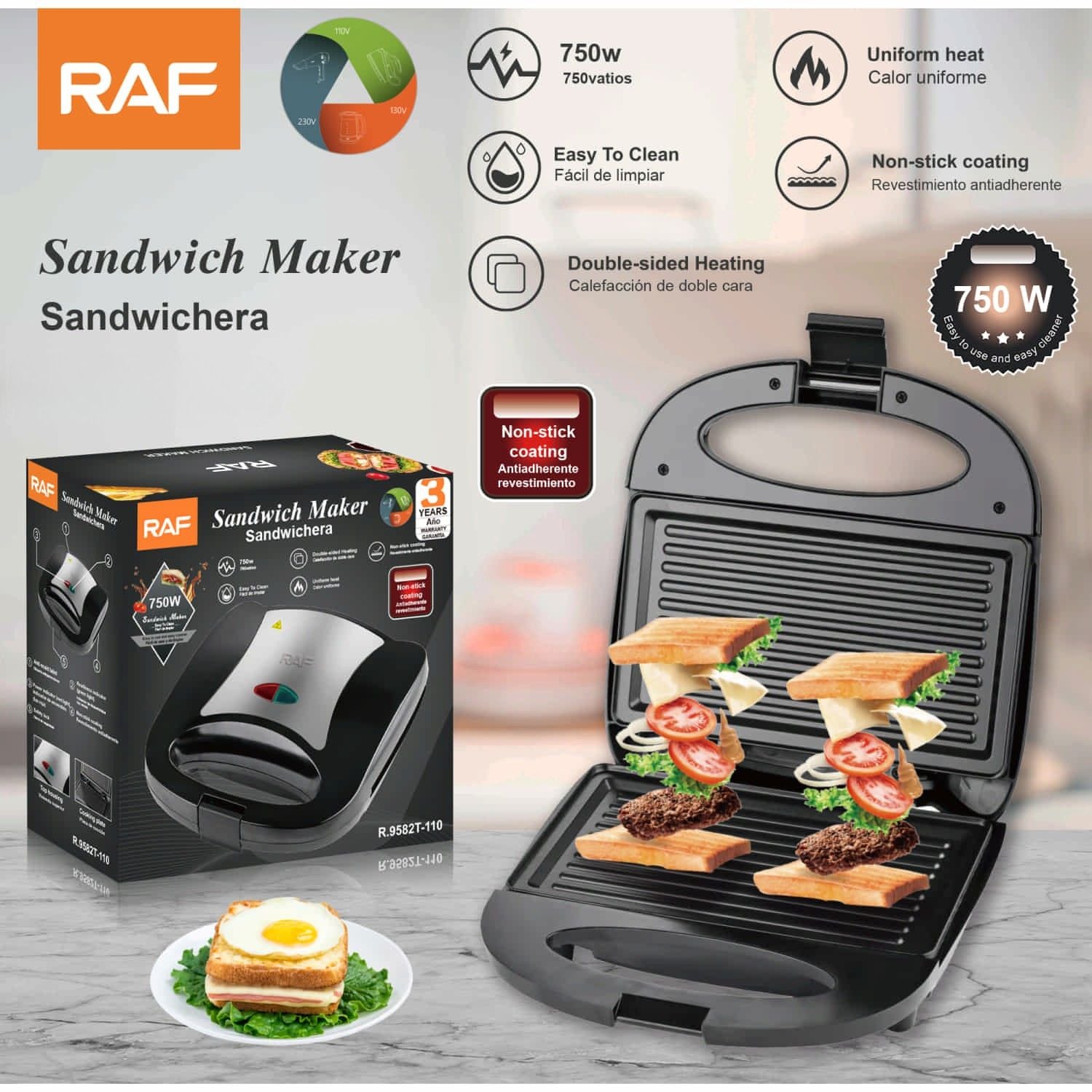 Sandwichera 750W con Placas antiadherentes y Calor uniforme de Doble Cara. 110V /60hz.  Plancha para Emparedados