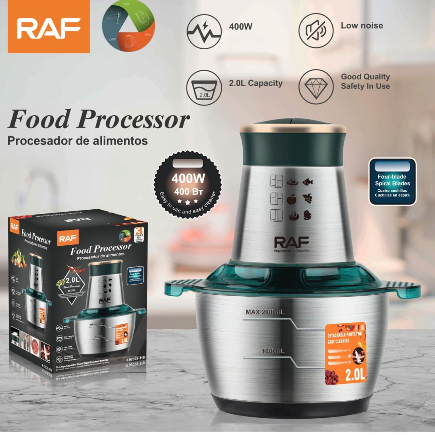 Procesador de Alimentos 400W 2L con Cuchillas en Espiral, Bajo Ruido. 110V/60 Hz.  Mezclador de Alimentos