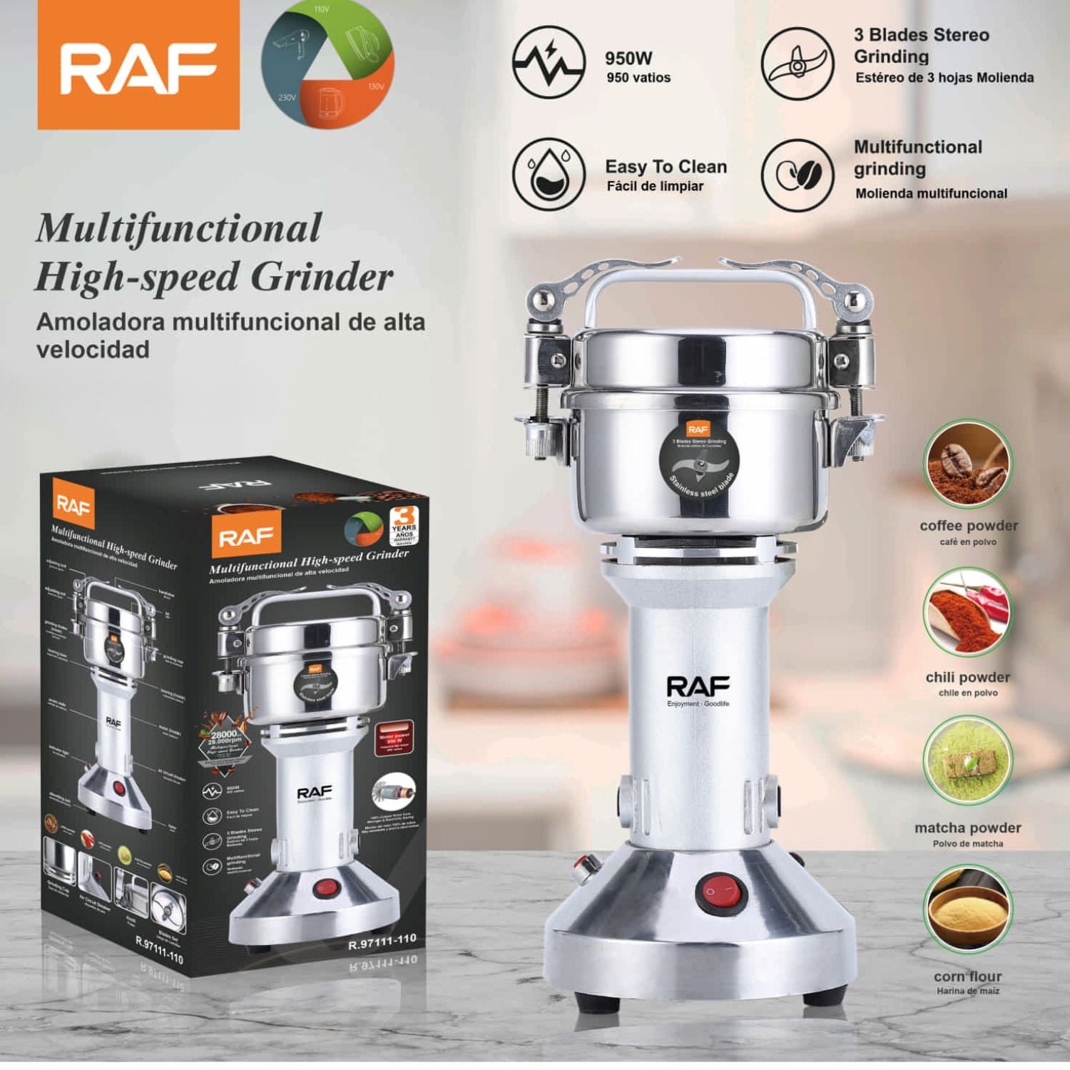 Molino Multifuncional 950W para Café, Maíz, Granos y Más. Alta Velocidad 110V/60 Hz. Moledor.