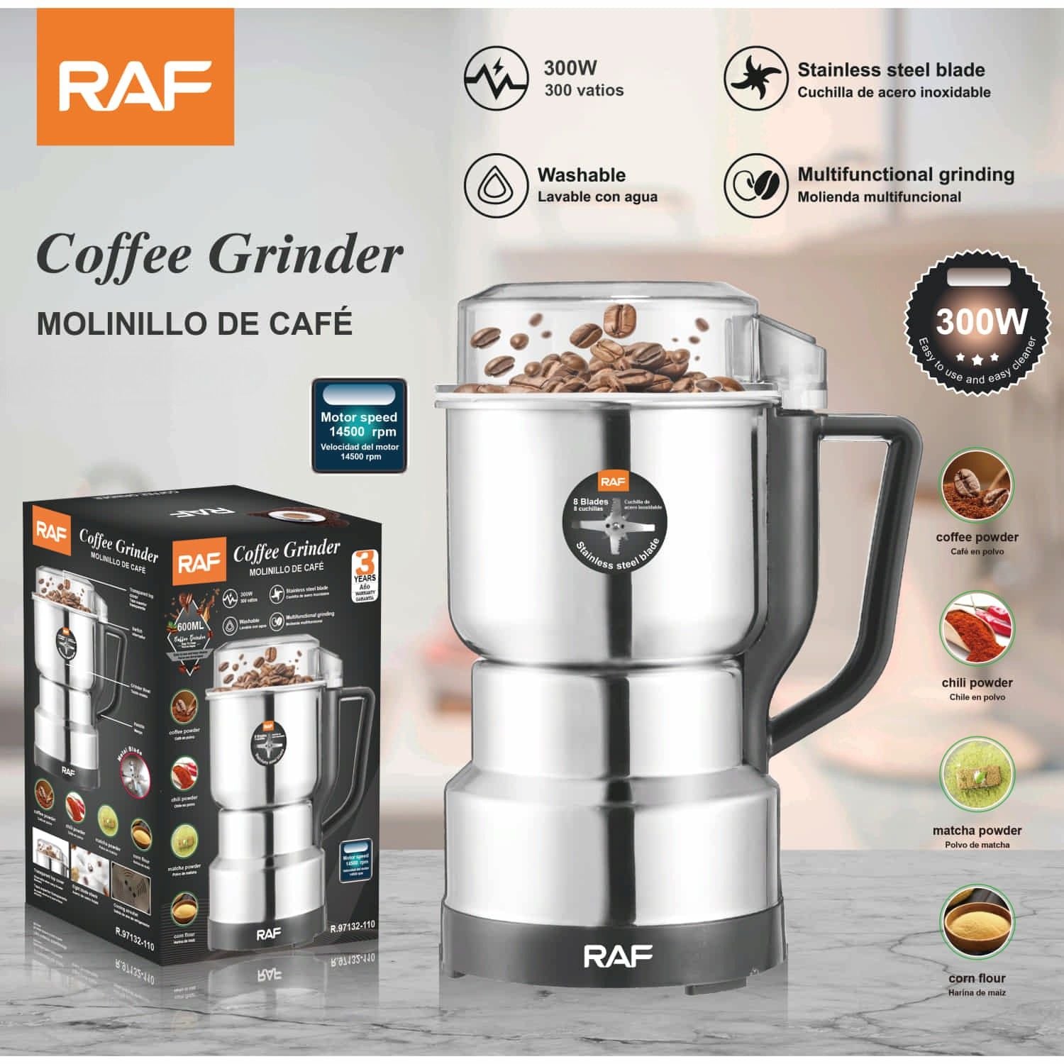 Molinillo de Café 300W con Cuchilla Inoxidable y Molienda Multifuncional 110V/60 Hz. Moledor.