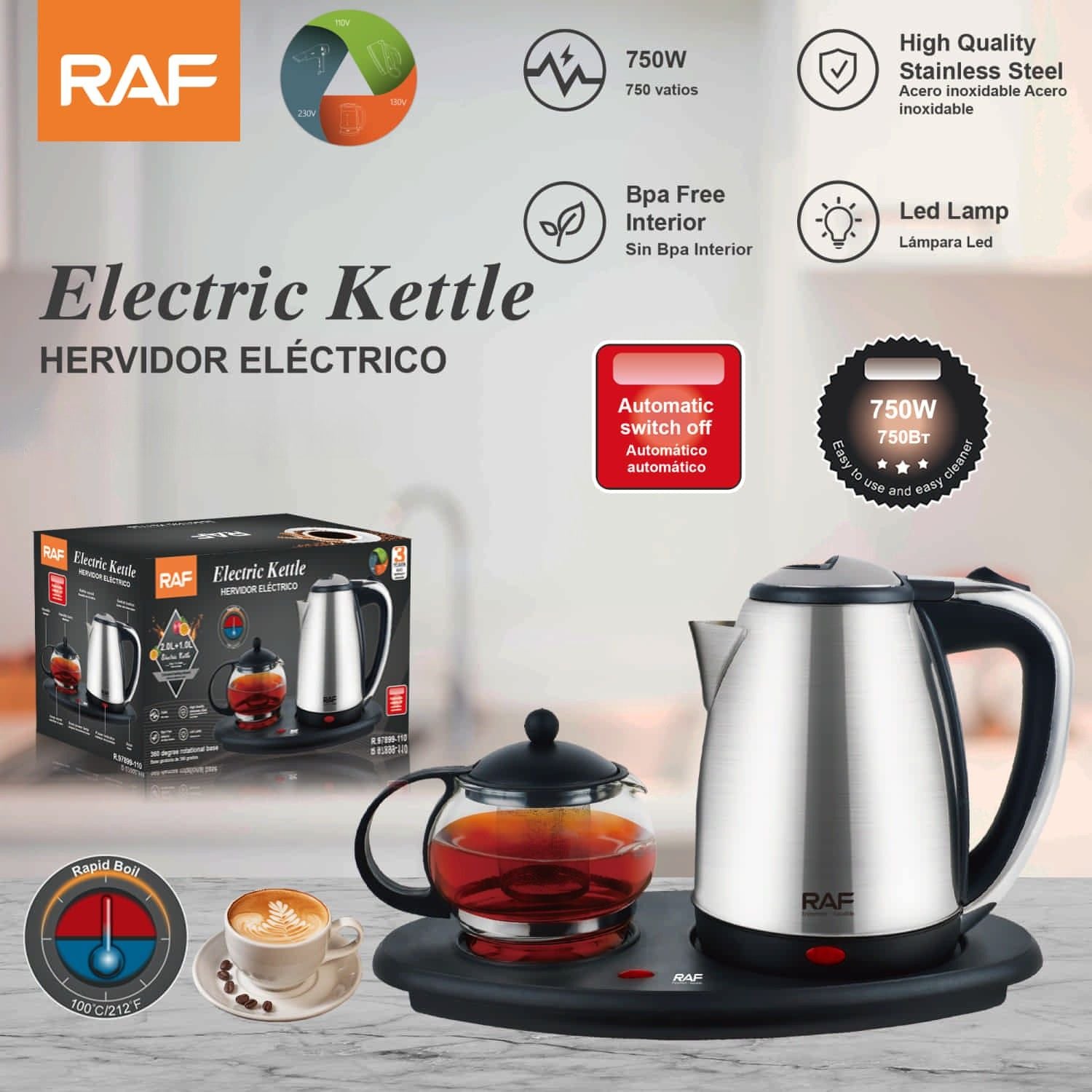 Hervidor Eléctrico con tetera de vidrio 750W apagado automático 110V /60hz . Hervidor con infusor.