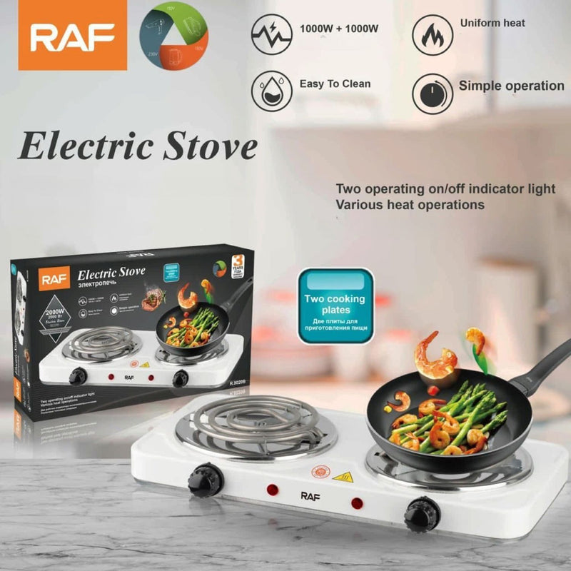 Estufa Eléctrica 2 Quemadores 1000W + 1000W con Placas Independientes.  Calor Uniforme y Fácil Limpieza