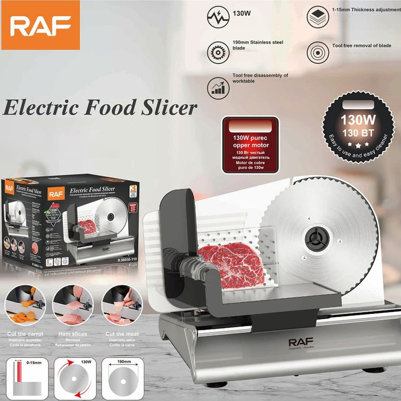 Cortadora Rebanadora de embutidos 130W 190mm 110V/60Hz. Espesores 1-15 mm. Ancho hoja 200 mm Cortadora de Alimentos.