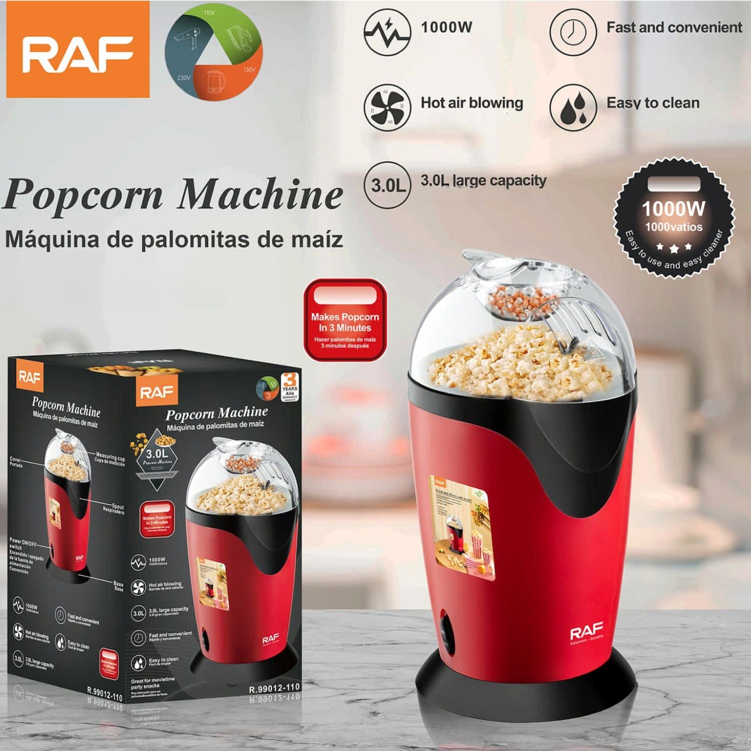 Máquina De Popcorn Hot Air 1000W 3L 110V Listas en 3 Minutos.  Millo. Cotufa. Palomitas de Maiz.