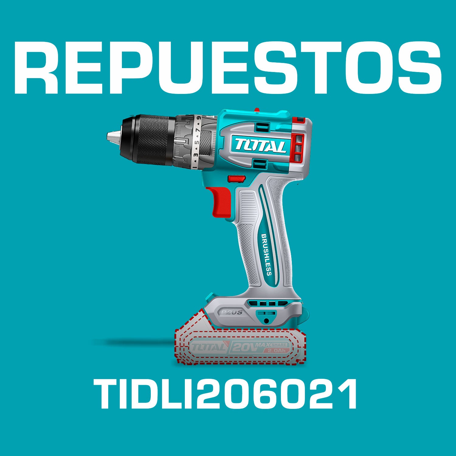 Repuestos Drill Taladro 1/2" inalámbrico 20v de impacto  (Sin escobillas).  Codigo  TIDLI206021