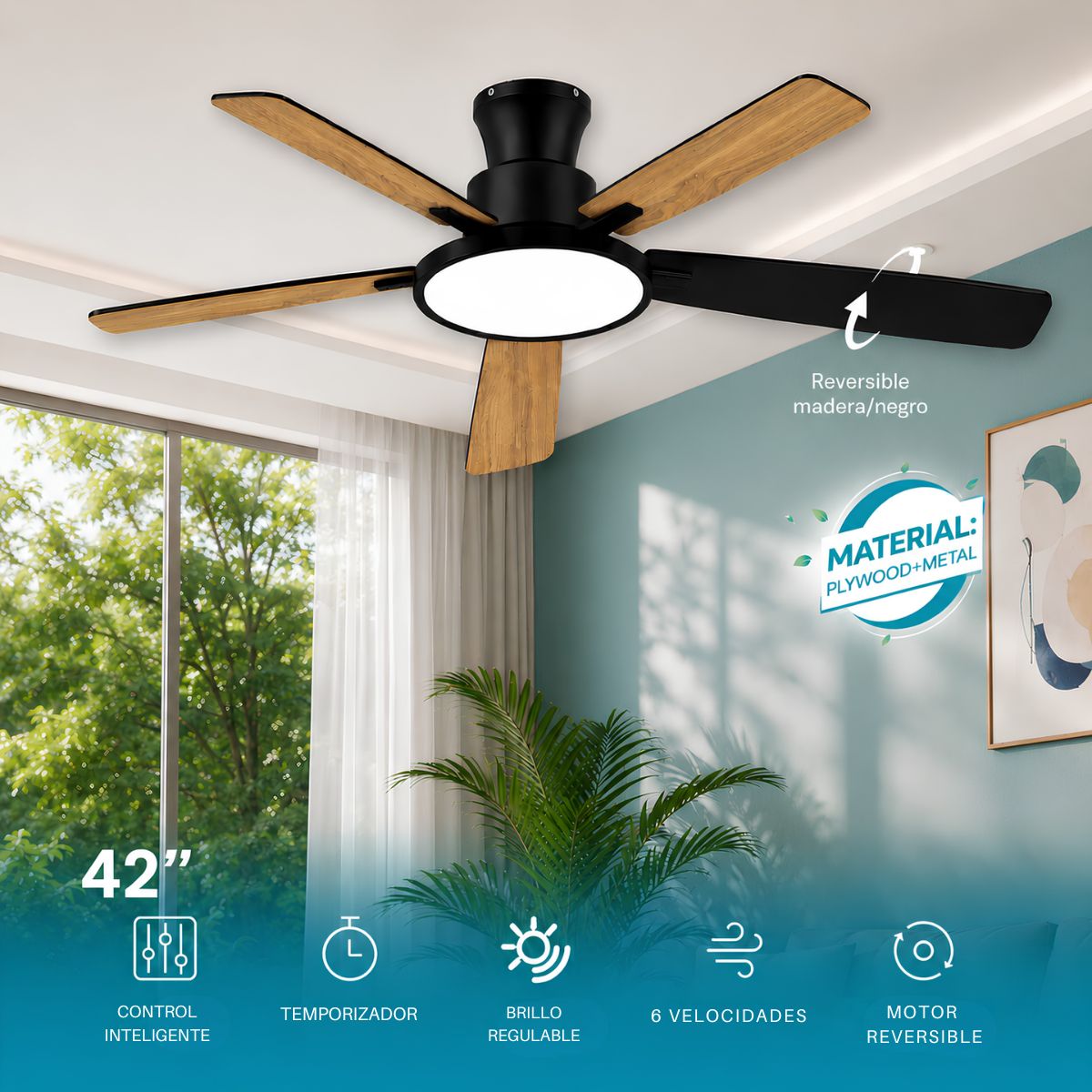 Abanico de Techo 42” con Aspas Reversibles Madera/Negro Luz LED 28W Motor 30W 6 Velocidades. Ventilador de Techo
