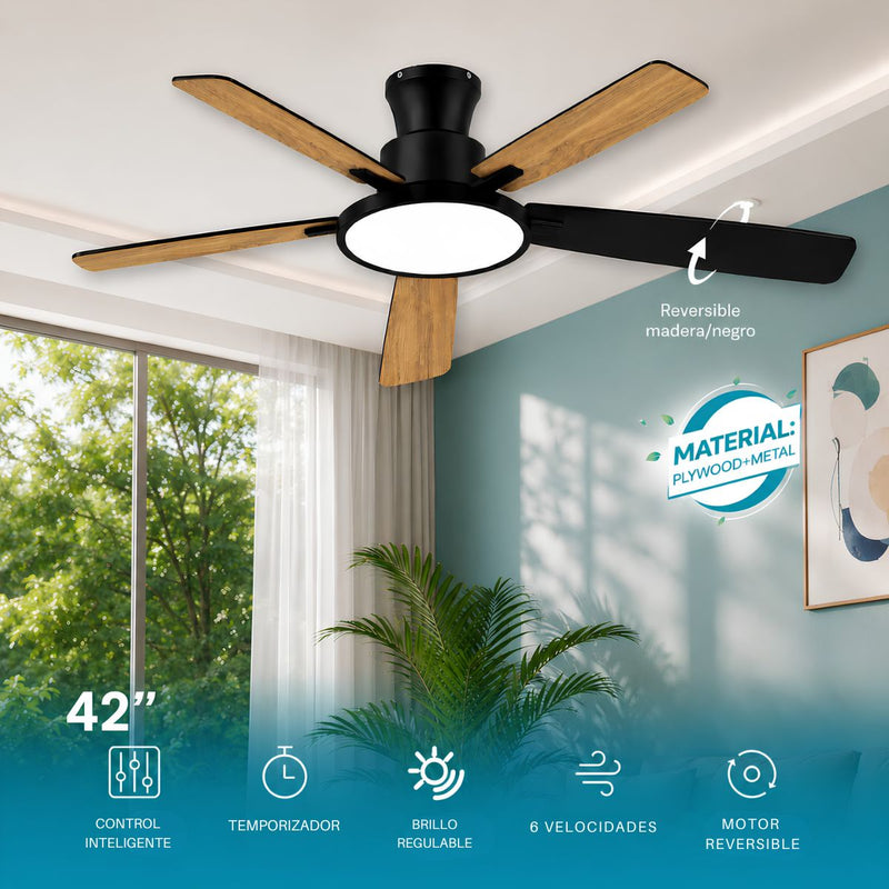 Abanico de Techo 42” con Aspas Reversibles Madera/Negro Luz LED 28W Motor 30W 6 Velocidades. Ventilador de Techo
