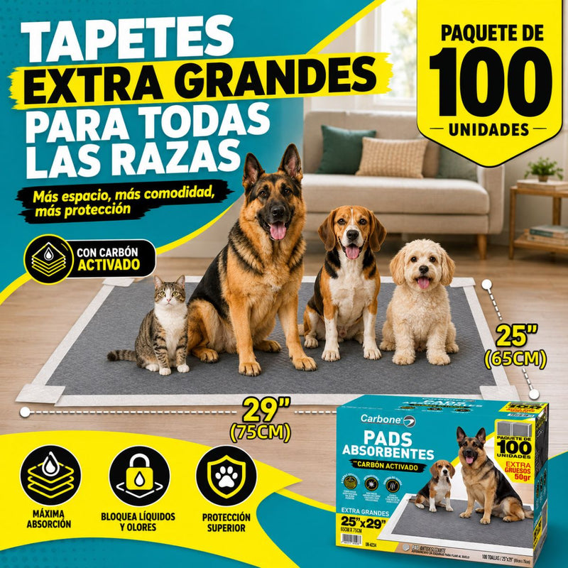 Pads de Entrenamiento para Perros con 6 Capas Ultra Absorbentes con Carbón Activado Antiolores y Antifugas. Grandes 65x75cm. Pack de 100 Unidades