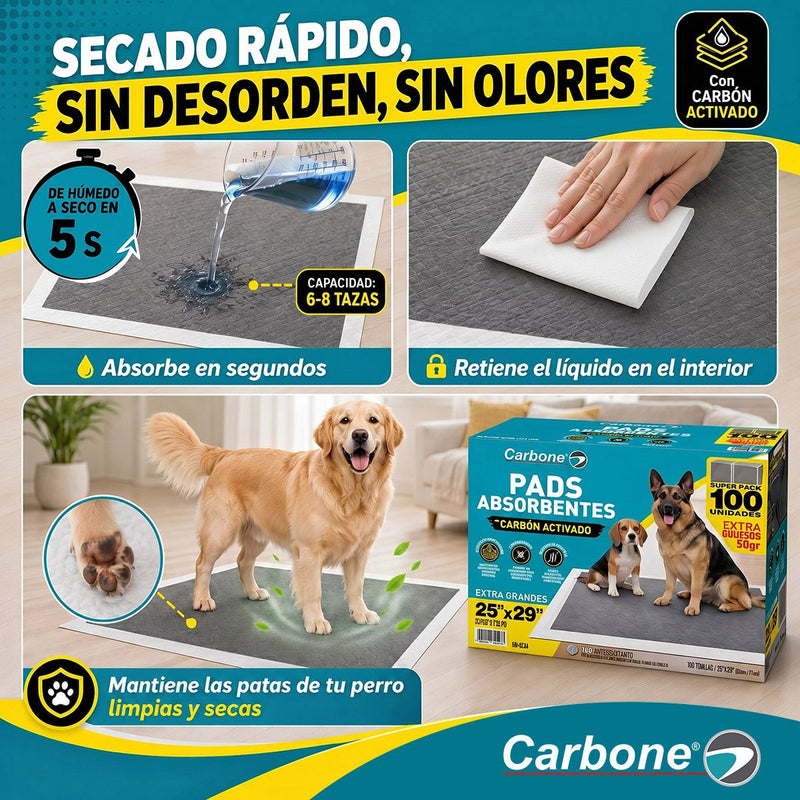 Pads de Entrenamiento para Perros con 6 Capas Ultra Absorbentes con Carbón Activado Antiolores y Antifugas. Grandes 65x75cm. Pack de 100 Unidades