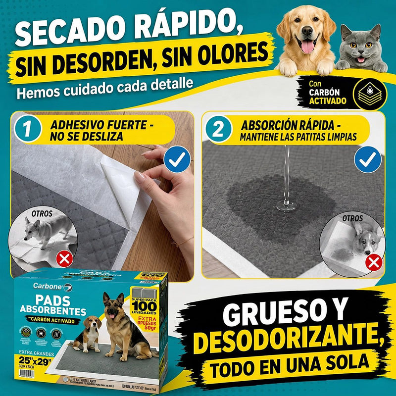 Pads de Entrenamiento para Perros con 6 Capas Ultra Absorbentes con Carbón Activado Antiolores y Antifugas. Grandes 65x75cm. Pack de 100 Unidades