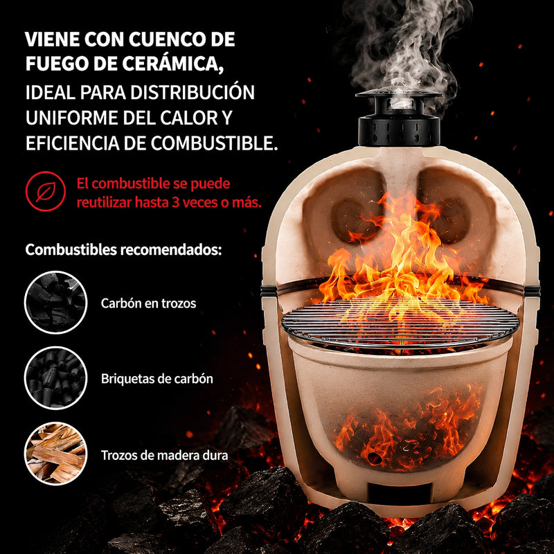 Parrilla tipo Kamado Ahumador de Cerámica 21”. BBQ Asador de Carbón con Termómetro, Mesas Laterales y Ruedas para Barbacoa.