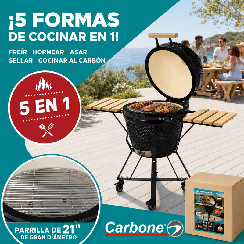 Parrilla tipo Kamado Ahumador de Cerámica 21”. BBQ Asador de Carbón con Termómetro, Mesas Laterales y Ruedas para Barbacoa.