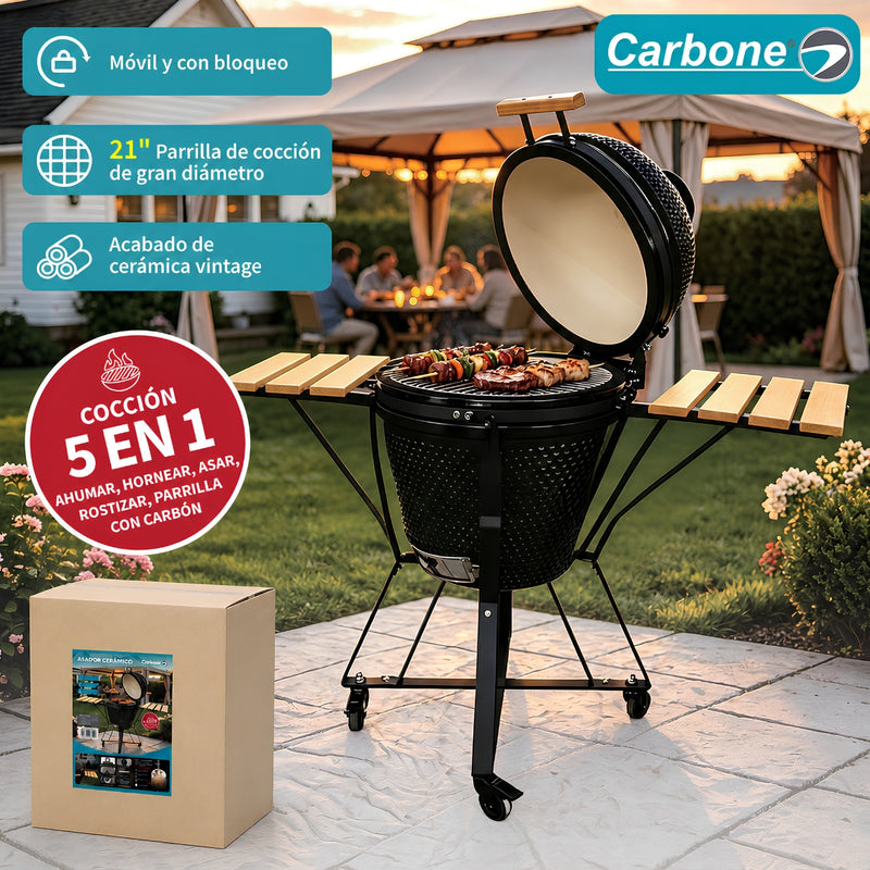 Parrilla tipo Kamado Ahumador de Cerámica 21”. BBQ Asador de Carbón con Termómetro, Mesas Laterales y Ruedas para Barbacoa.