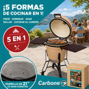 Parrilla tipo Kamado Ahumador de Cerámica 23”. BBQ Asador de Carbón con Termómetro, Mesas Laterales y Ruedas para Barbacoa.