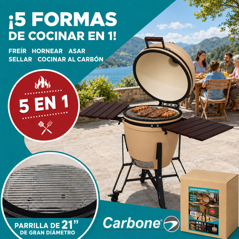 Parrilla tipo Kamado Ahumador de Cerámica 23”. BBQ Asador de Carbón con Termómetro, Mesas Laterales y Ruedas para Barbacoa.