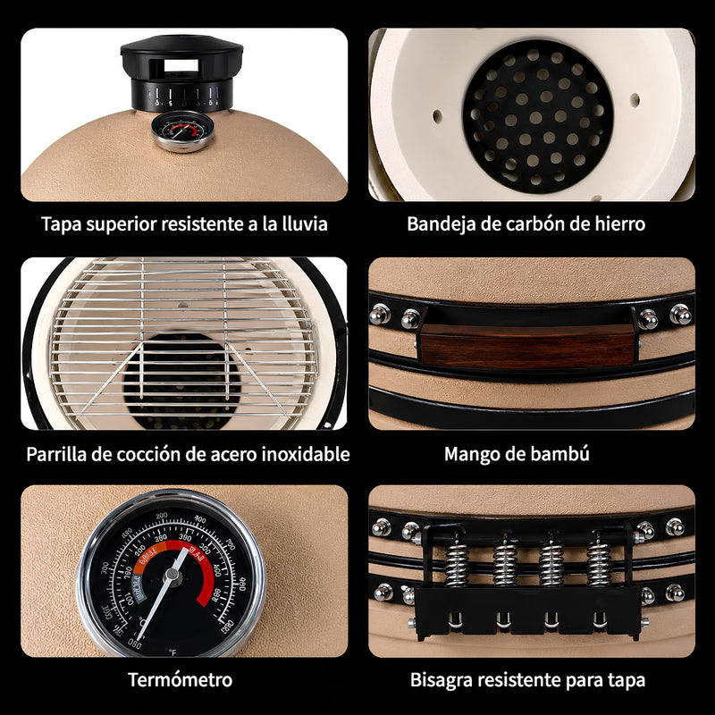 Parrilla tipo Kamado Ahumador de Cerámica 23”. BBQ Asador de Carbón con Termómetro, Mesas Laterales y Ruedas para Barbacoa.