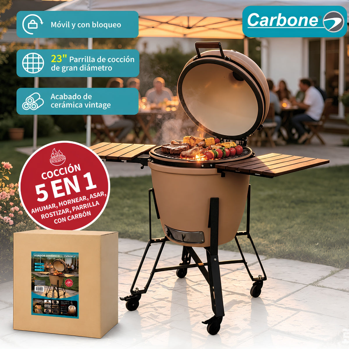 Parrilla tipo Kamado Ahumador de Cerámica 23”. BBQ Asador de Carbón con Termómetro, Mesas Laterales y Ruedas para Barbacoa.