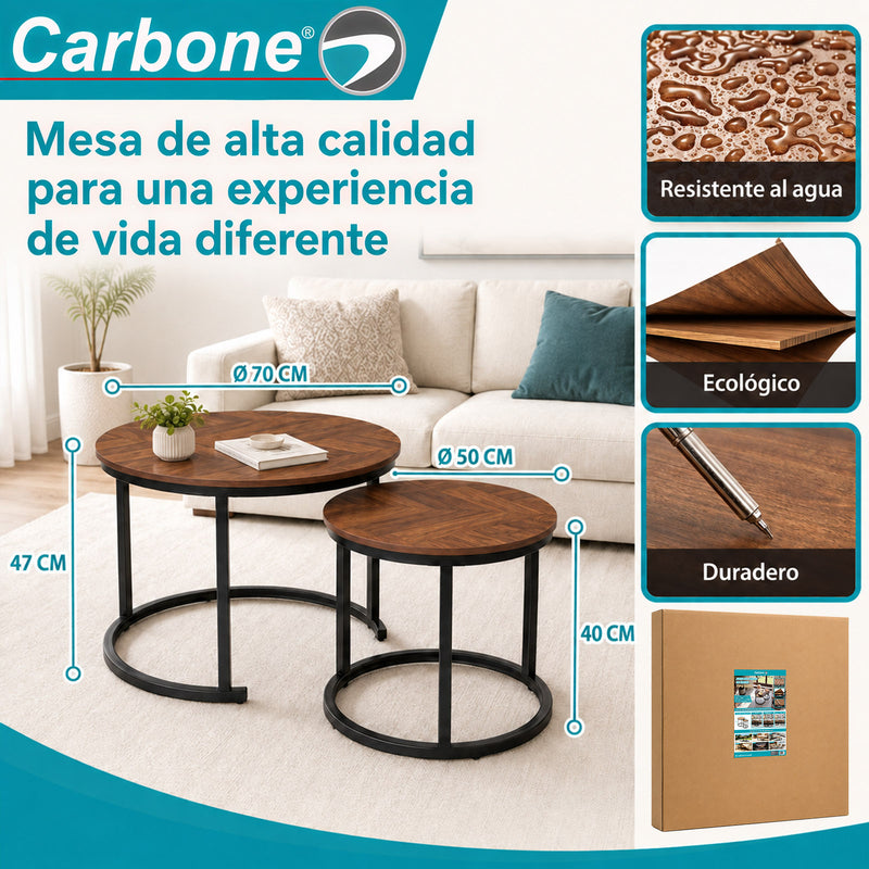 Mesas de Centro Anidadas de Acero al Carbono y MDF (Set de 2) para Sala, Recámara, Estudio, Oficina o Apartamento 70 y 50 cm de Diámetro