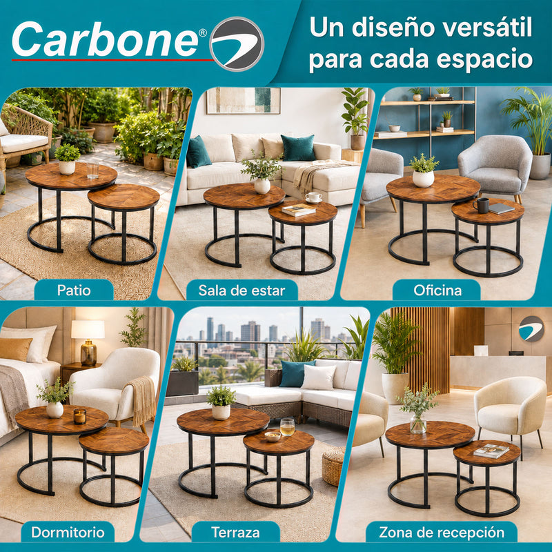 Mesas de Centro Anidadas de Acero al Carbono y MDF (Set de 2) para Sala, Recámara, Estudio, Oficina o Apartamento 70 y 50 cm de Diámetro