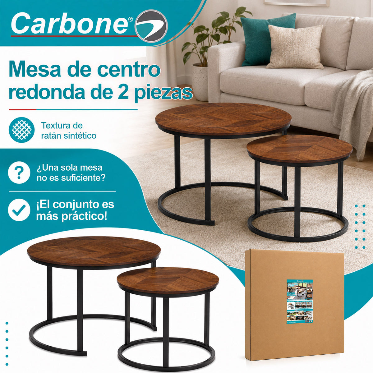 Mesas de Centro Anidadas de Acero al Carbono y MDF (Set de 2) para Sala, Recámara, Estudio, Oficina o Apartamento 70 y 50 cm de Diámetro