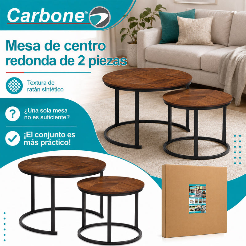 Mesas de Centro Anidadas de Acero al Carbono y MDF (Set de 2) para Sala, Recámara, Estudio, Oficina o Apartamento 70 y 50 cm de Diámetro