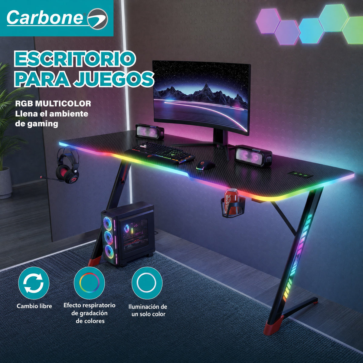 Escritorio Gamer con Iluminación RGB y Marco de Acero Portavasos y Gancho para Audífonos (120x60x74cm)