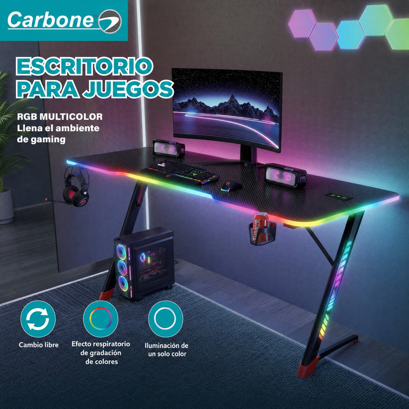 Escritorio Gamer con Iluminación RGB y Marco de Acero Portavasos y Gancho para Audífonos (120x60x74cm)