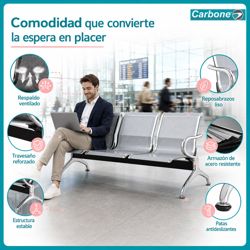 Silla de espera de acero 3 puestos. Banca Metálica  con Respaldo para Recepciones Consultorios y Salas de Espera.  175 × 63 × 75cm.