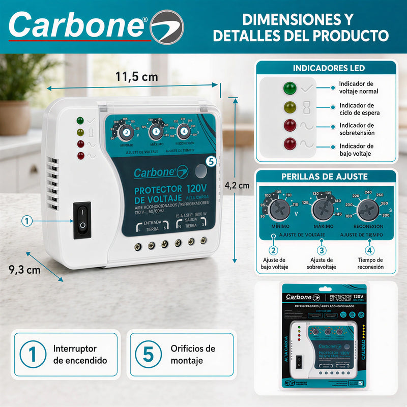 Protector De Voltaje 120V 50/60Hz.Corriente 15A. Ideal Para Aires Acondicionados y Equipo de Refrigeración con Retardo 180 Seg (3min)